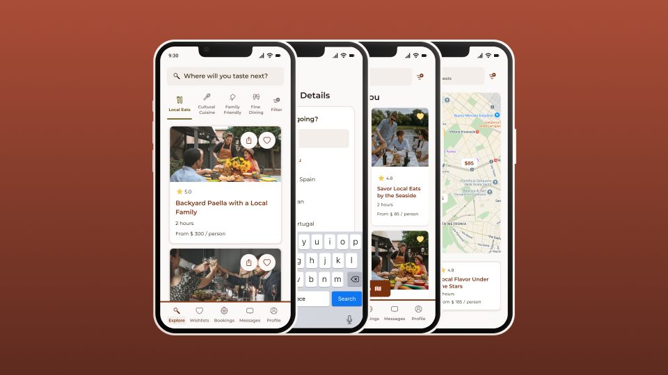 Four mobile screens showing the high-fidelity UI of the TaseVoyage app, including the Explore page, the search function, the details page, and the map view.