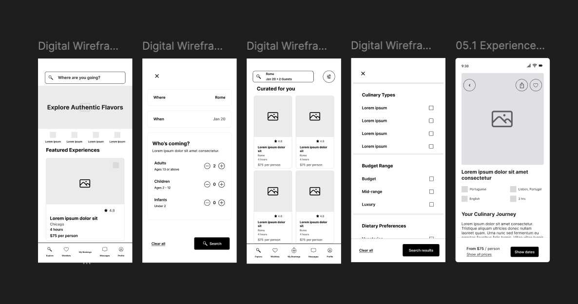A sequence of five mid-fidelity digital wireframes for the TaseVoyage mobile app, showing the user flow for searching, filtering, and viewing experience details.