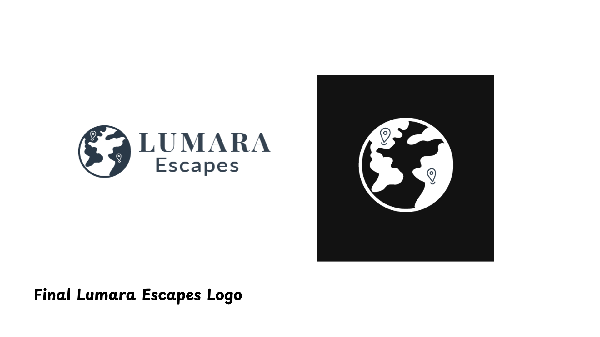 Dark blue Lumara Escapes logo featuring a globe with three location pins and the brand name.