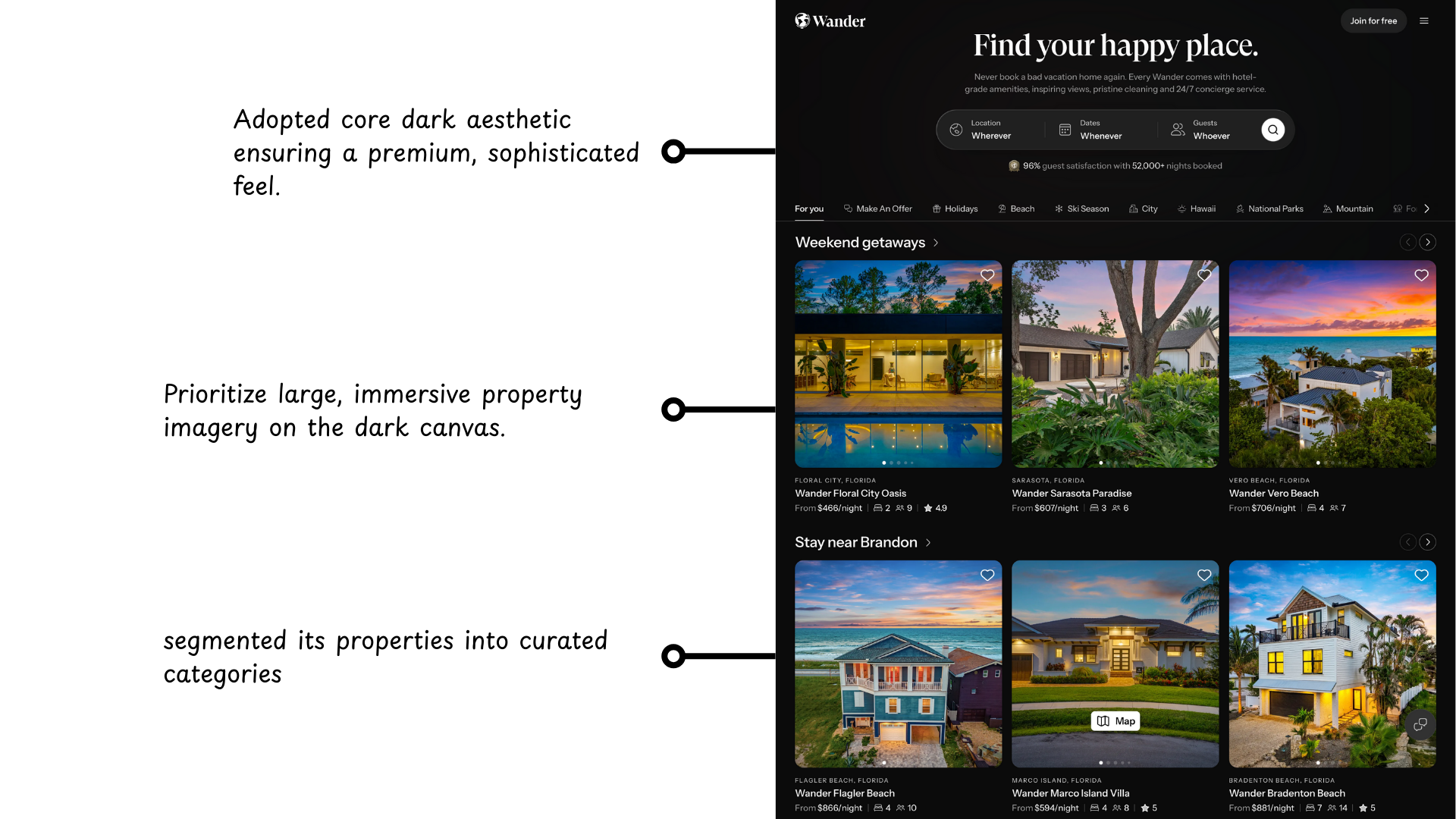 Side-by-side comparison of a design concept for Lumara Escapes next to the Wander website interface, highlighting its dark aesthetic and property imagery.