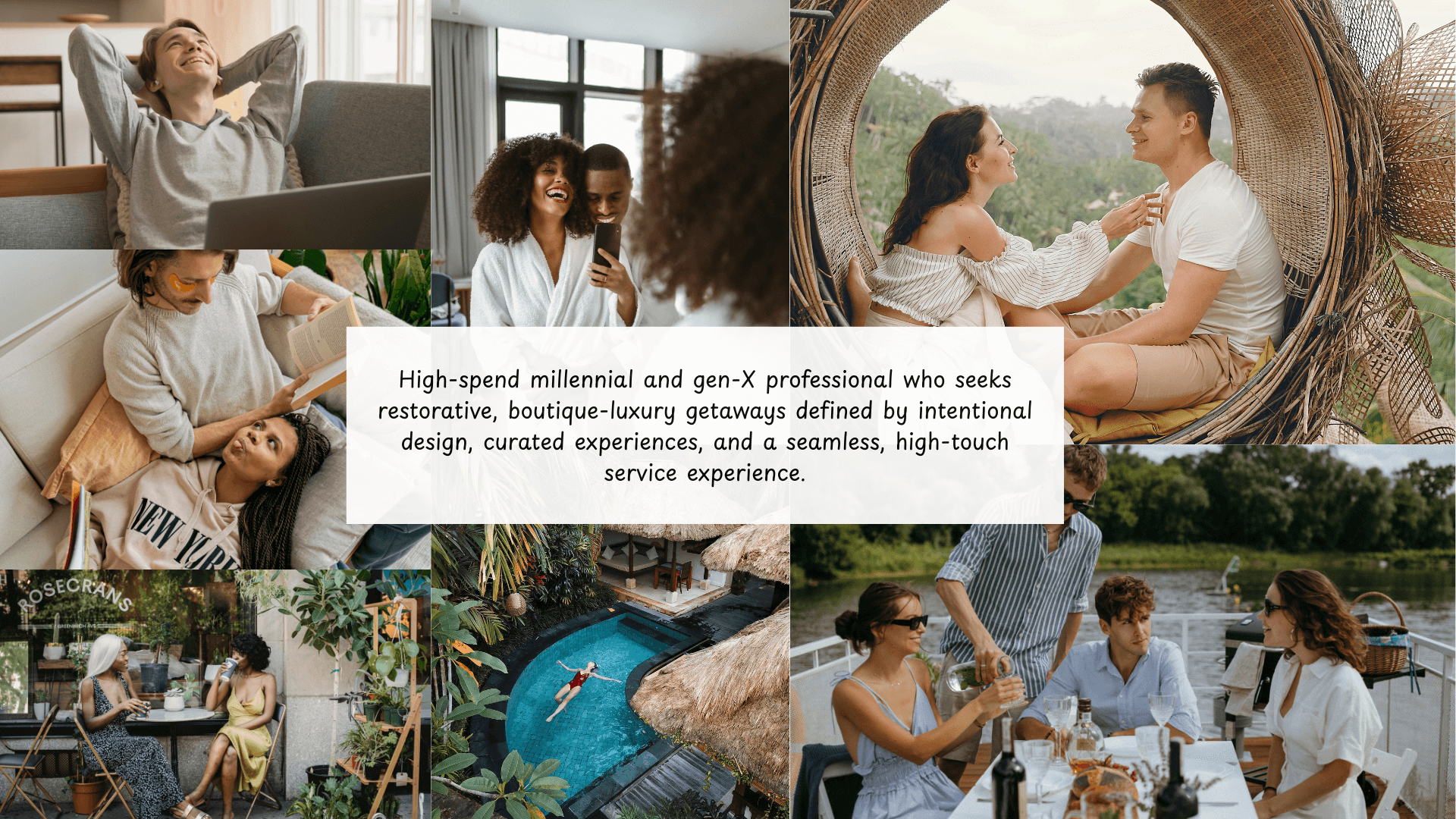 Collage of diverse, high-end millennials and Gen-X professionals relaxing, traveling, and socializing in luxury settings, defining the target customer.