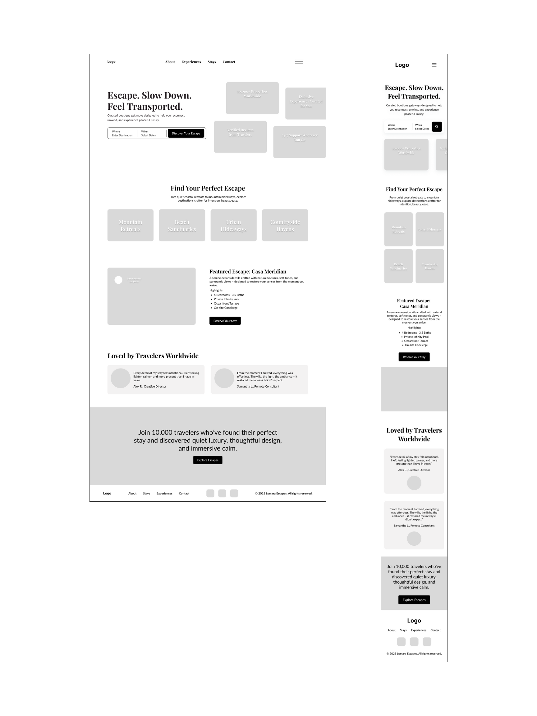 Mobile view of the Lumara Escapes landing page, showing the search bar, categorized retreats, a featured property with bulleted highlights, and a "Loved by Travelers Worldwide" testimonial section.