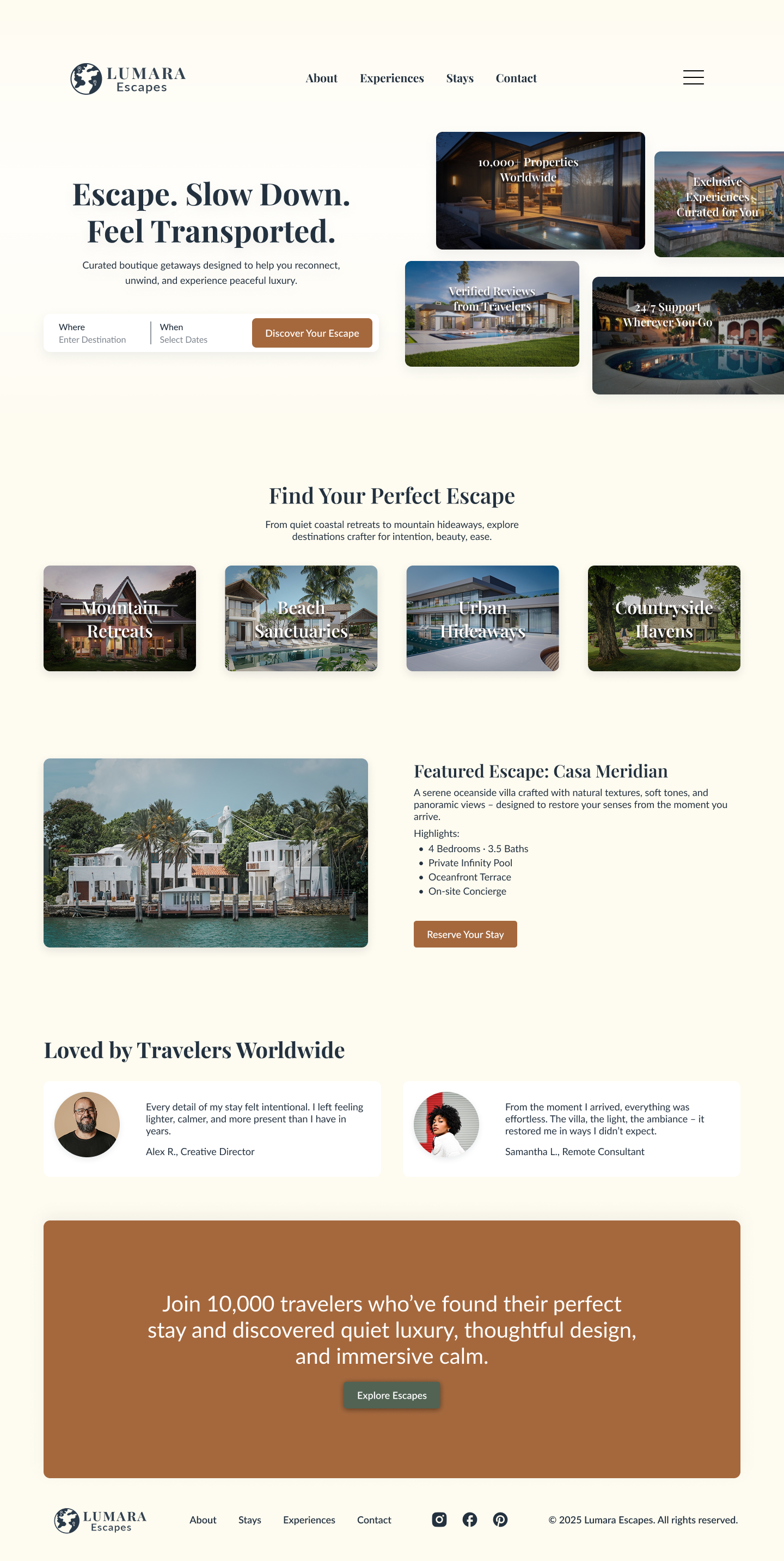 Light-mode landing page for Lumara Escapes, showing property listings and search.