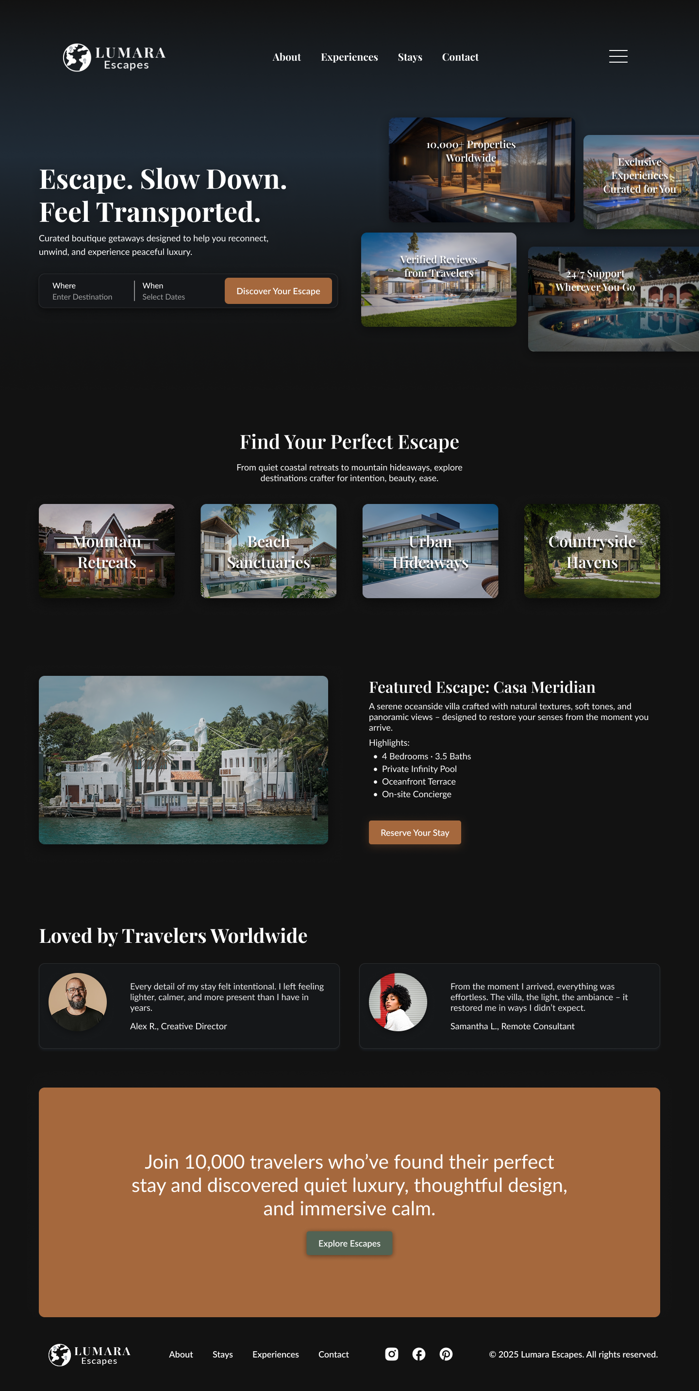 Dark-mode landing page for Lumara Escapes, showing properties and testimonials.