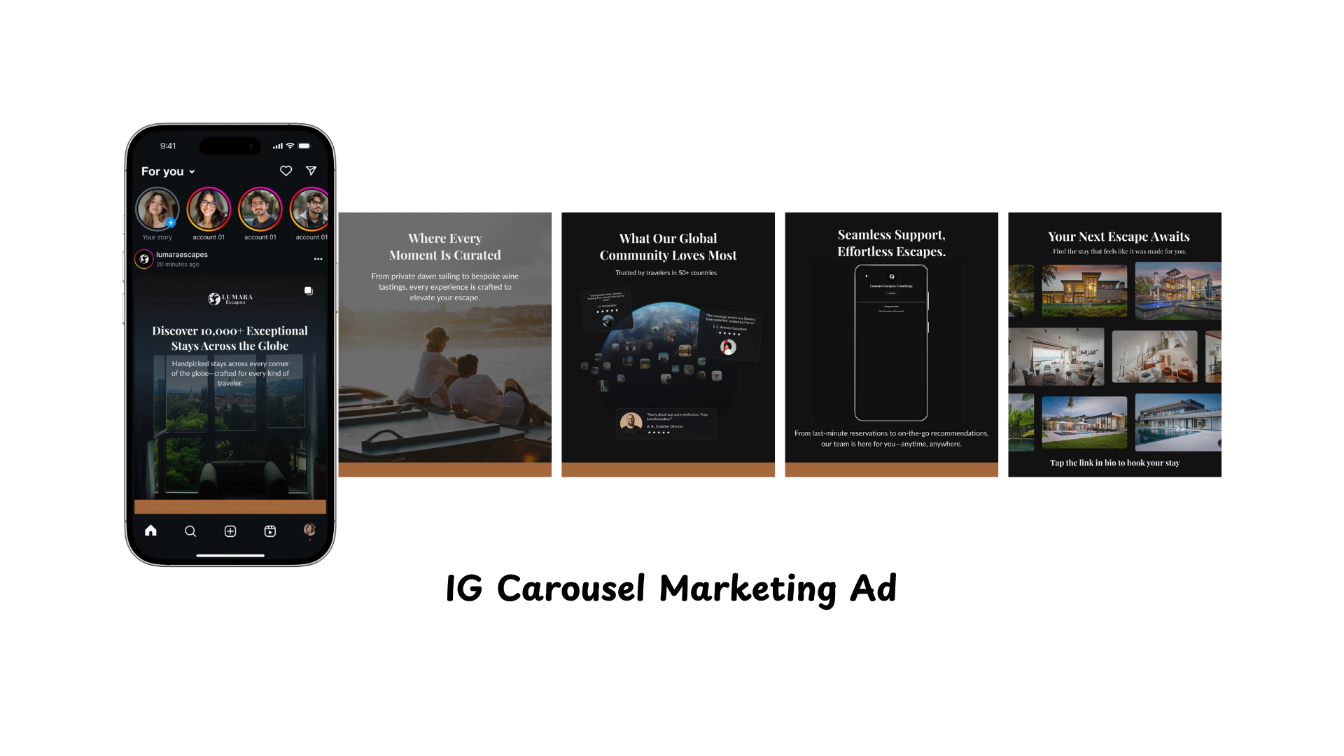 Five-slide Instagram carousel ad promoting luxury property escapes.