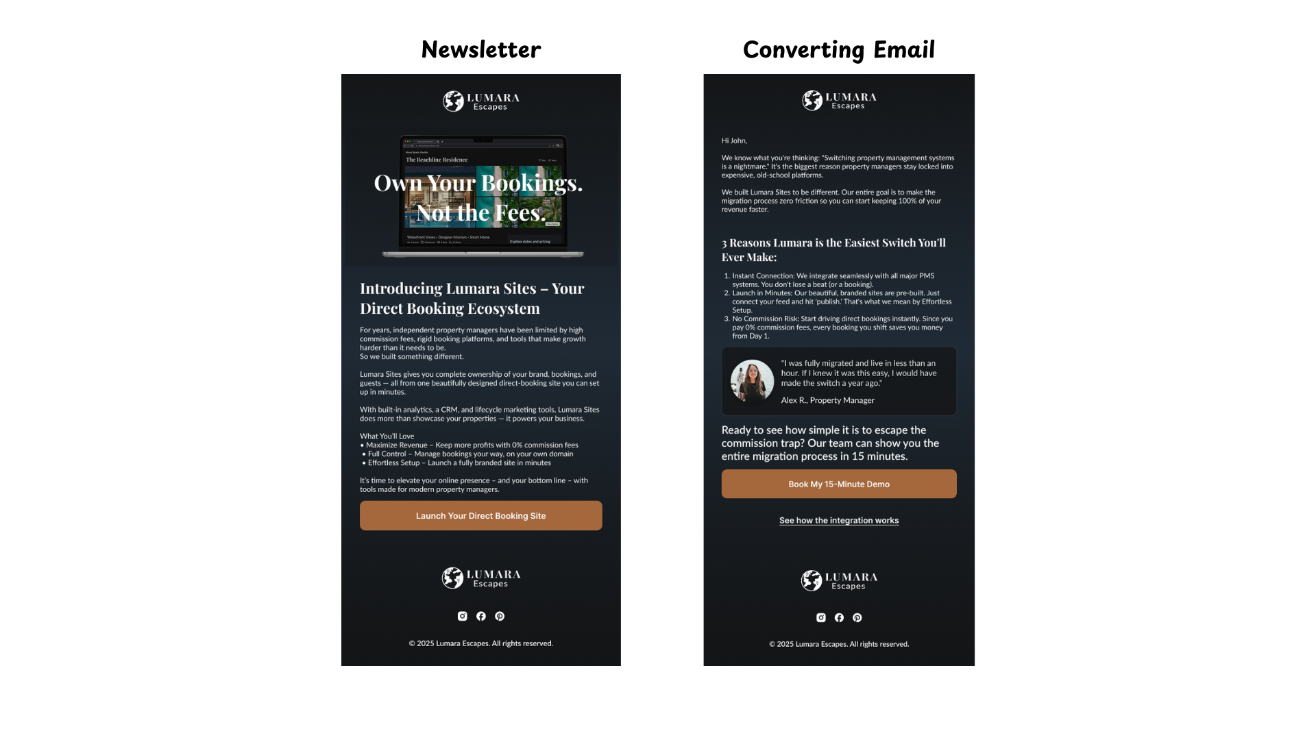 Two dark-mode marketing emails: a newsletter and a conversion email.