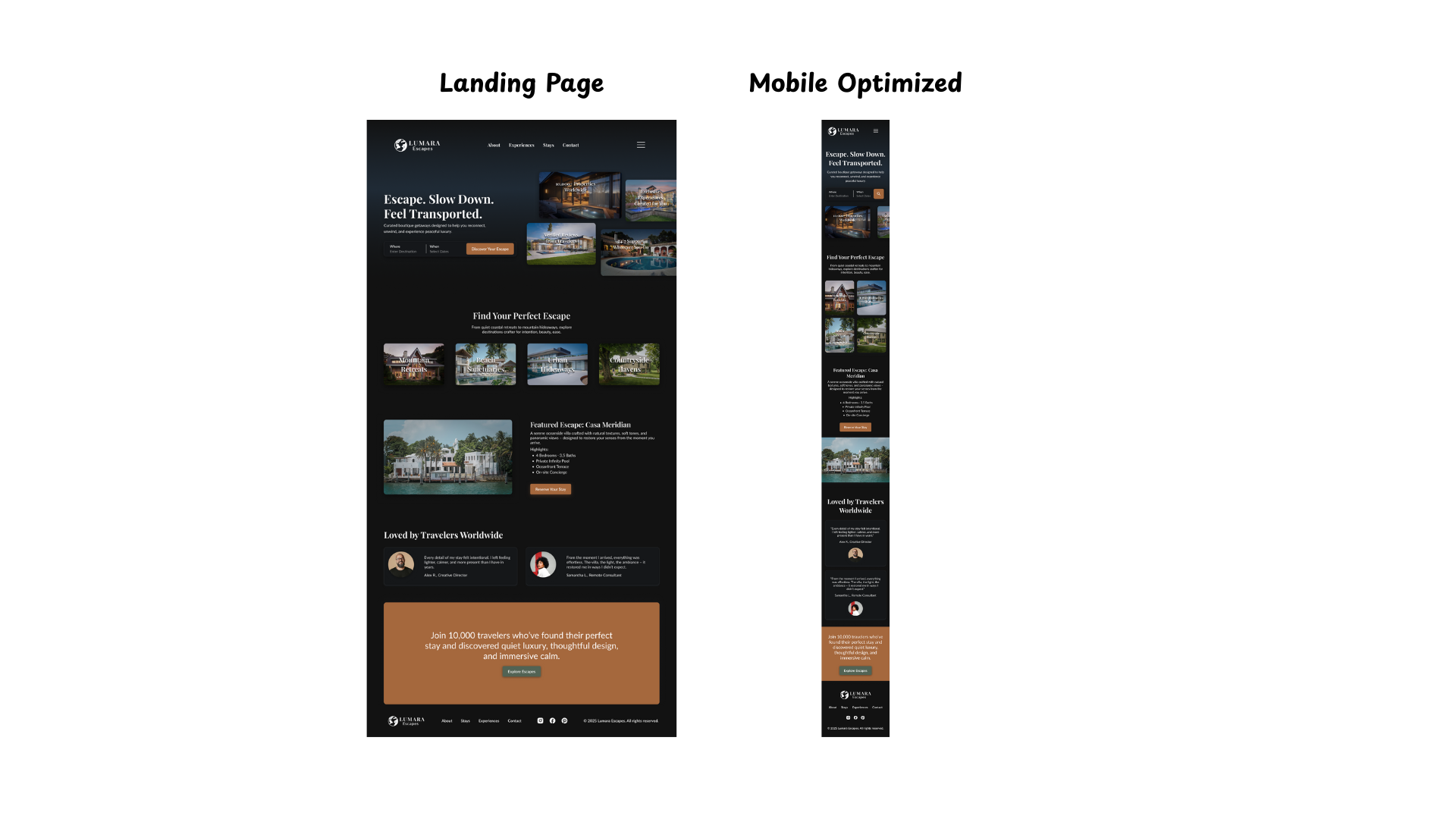 Comparison of desktop and mobile layouts for a dark-mode landing page.