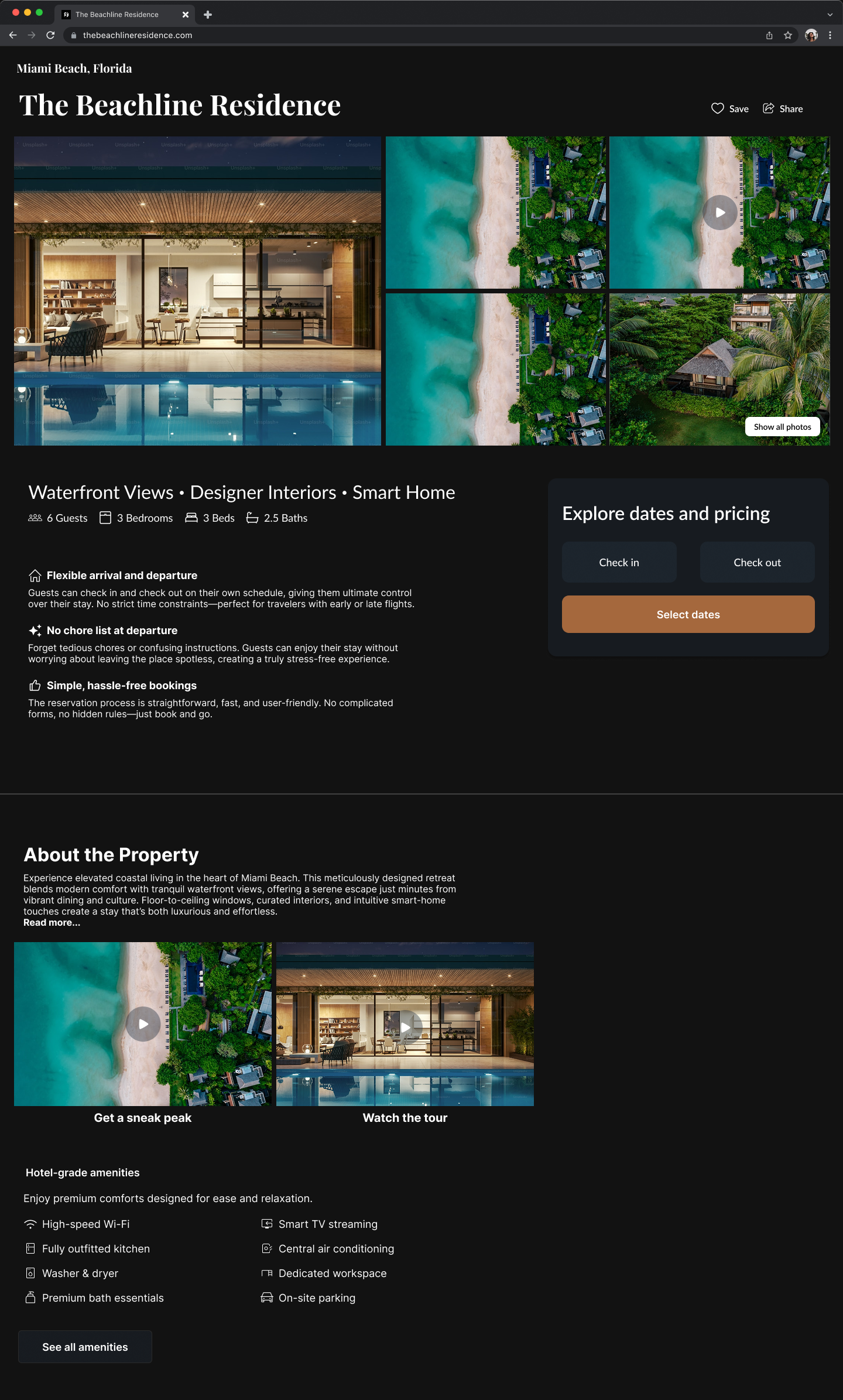 Desktop dark-mode property detail page for "The Beachline Residence."