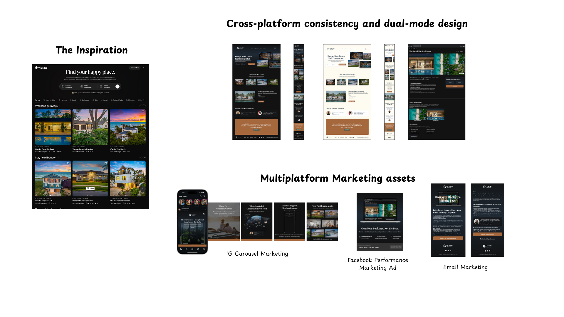 Design process showing inspiration, cross-platform UI/UX, and marketing assets.
