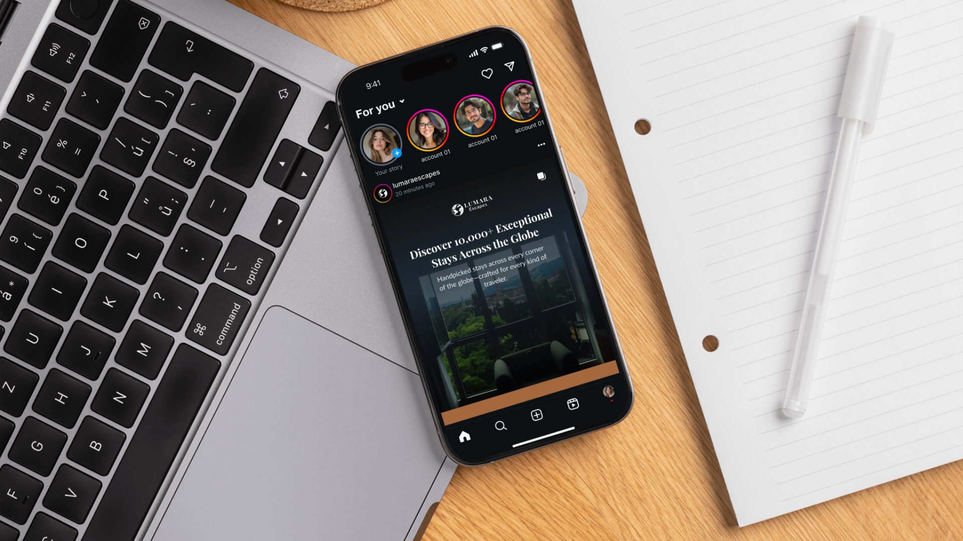 iPhone displaying the dark-mode Lumara Escapes Instagram profile and feed.