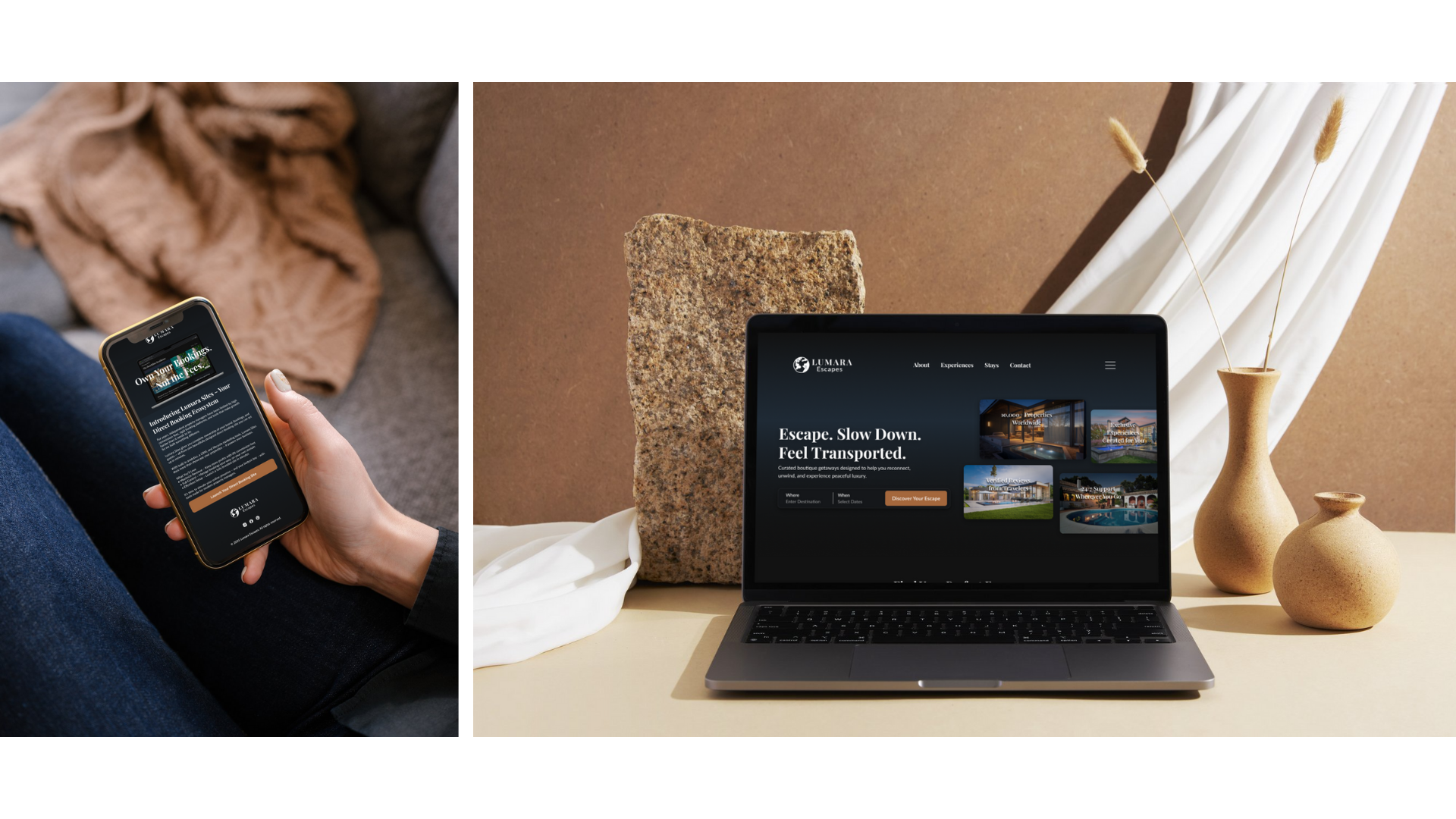 Mockup showing a hand holding a phone displaying a form and a laptop with the Lumara Escapes landing page.
