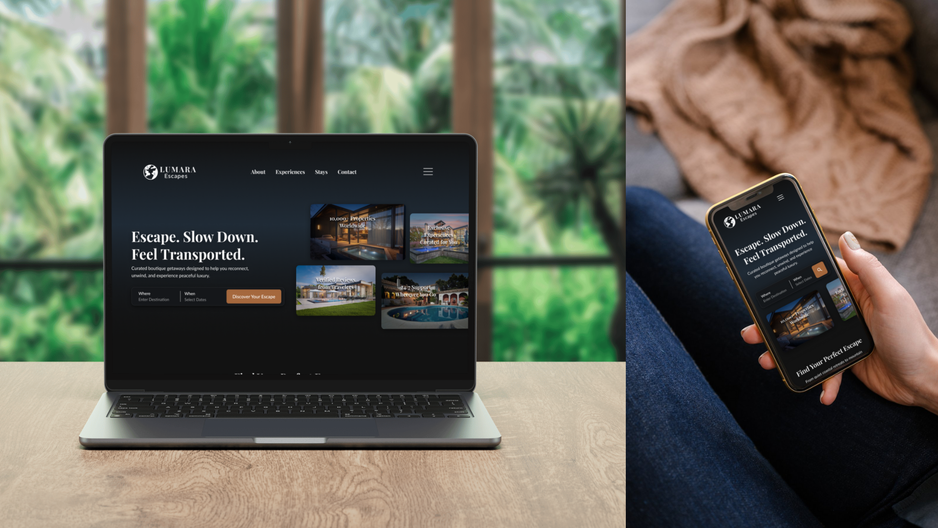 Laptop and phone screens showing the dark-mode Lumara Escapes website landing page.