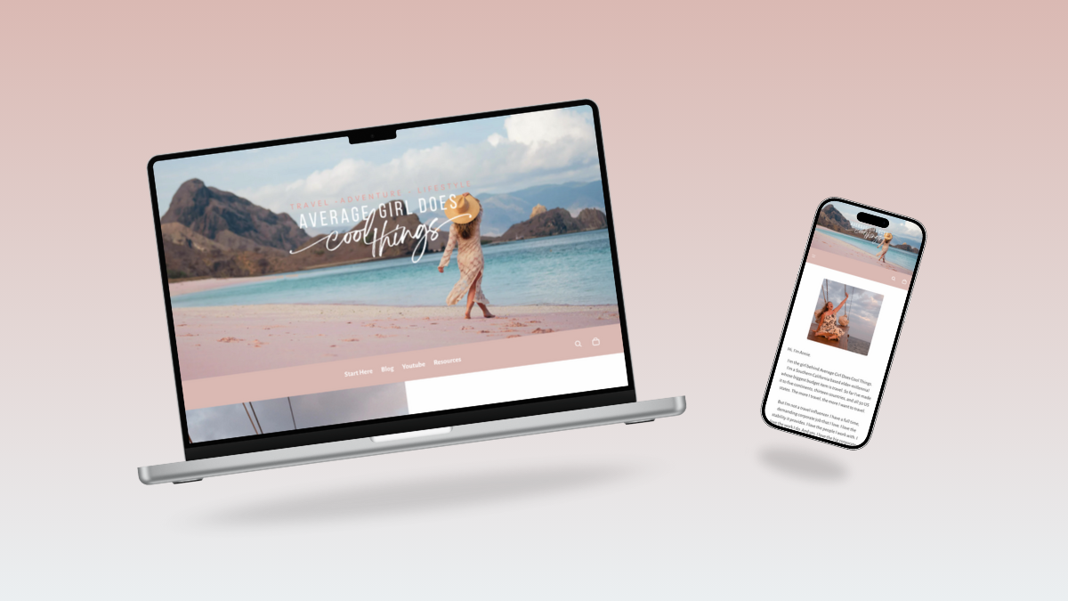 A responsive digital mockup displaying the travel creator's website on both a laptop and a mobile phone, emphasizing the clean layout and visual hierarchy across different screen sizes.