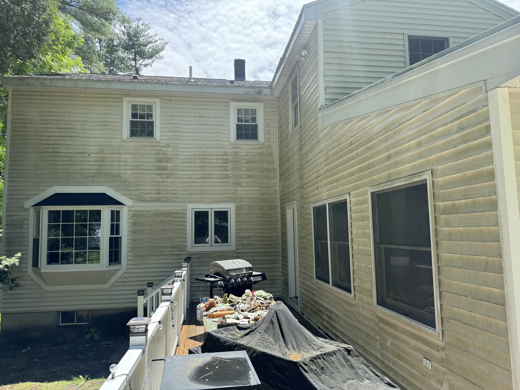 Deck railing and exterior before soft washing
