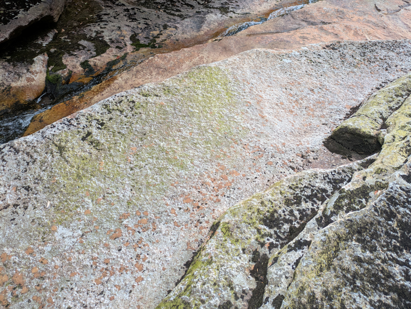 close up of a color riverbed rock surface, hues of pink and beige, light green dark green