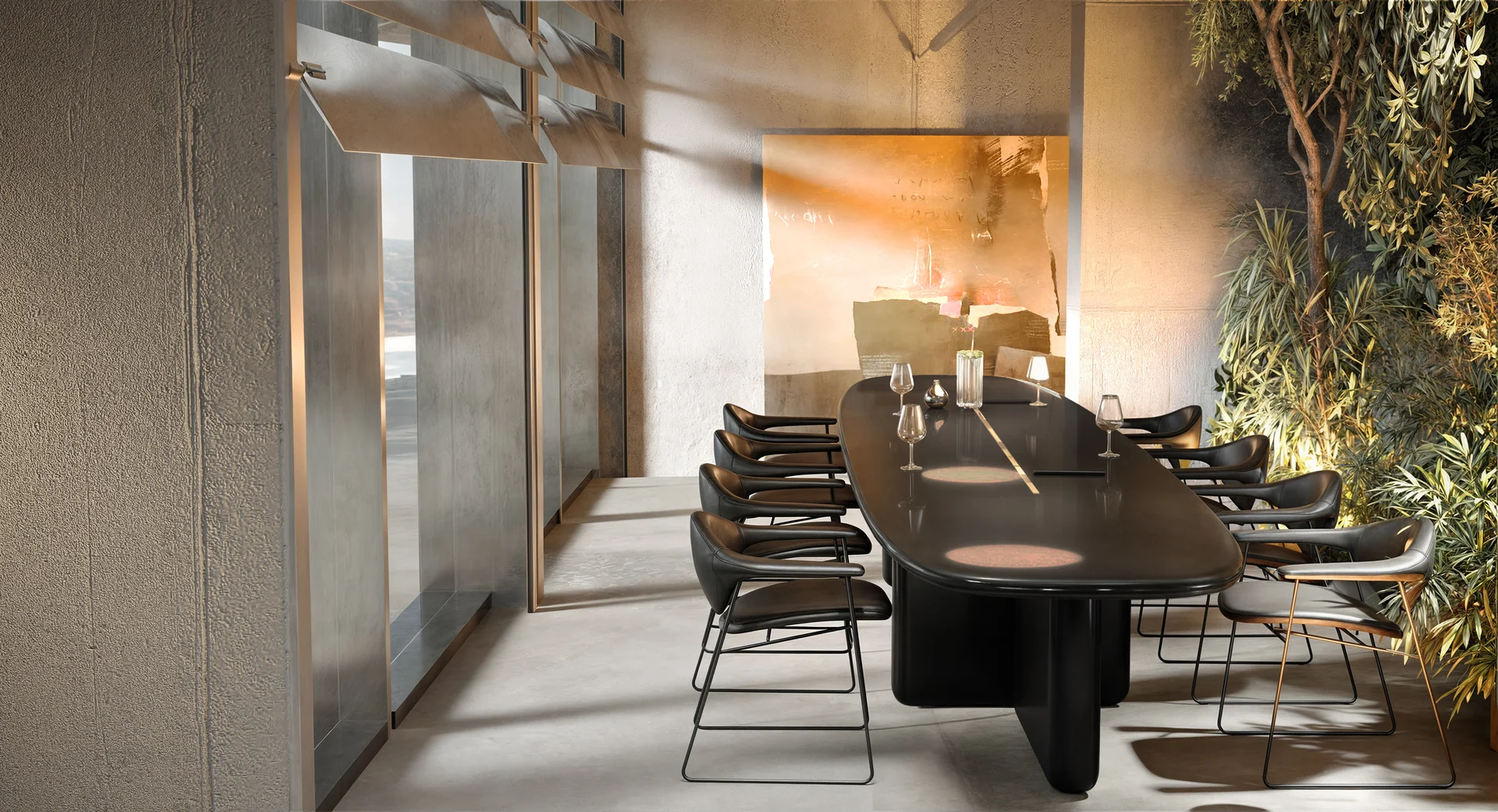 It is filled with light and tropical greenery.