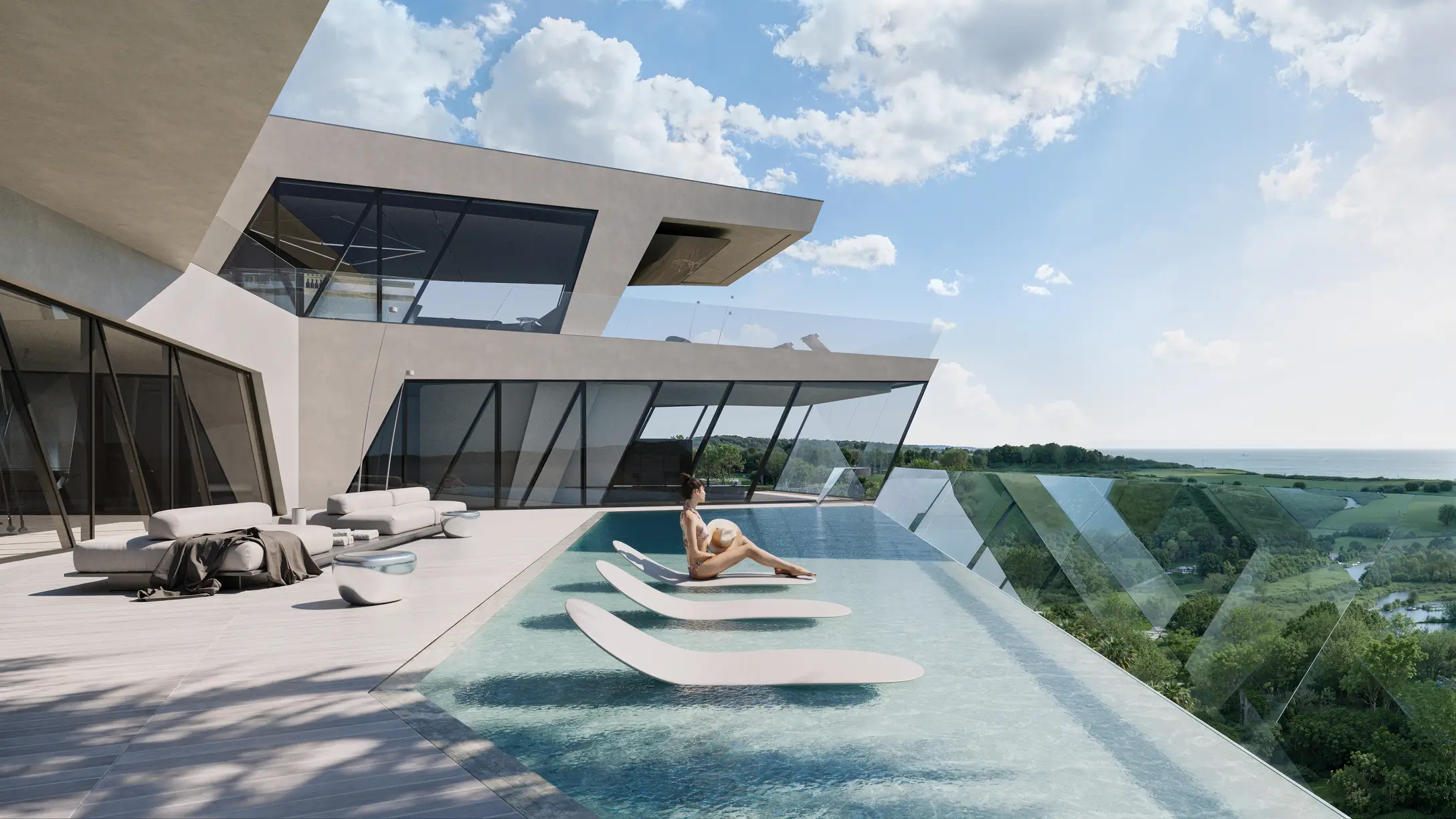 This architectural concept offers an unparalleled panoramic view of nearly all of Bali from any point in the villa — the ocean, both coastlines, volcanoes, and, at night, a sea of lights from distant homes, fishing boats, and the stars above.