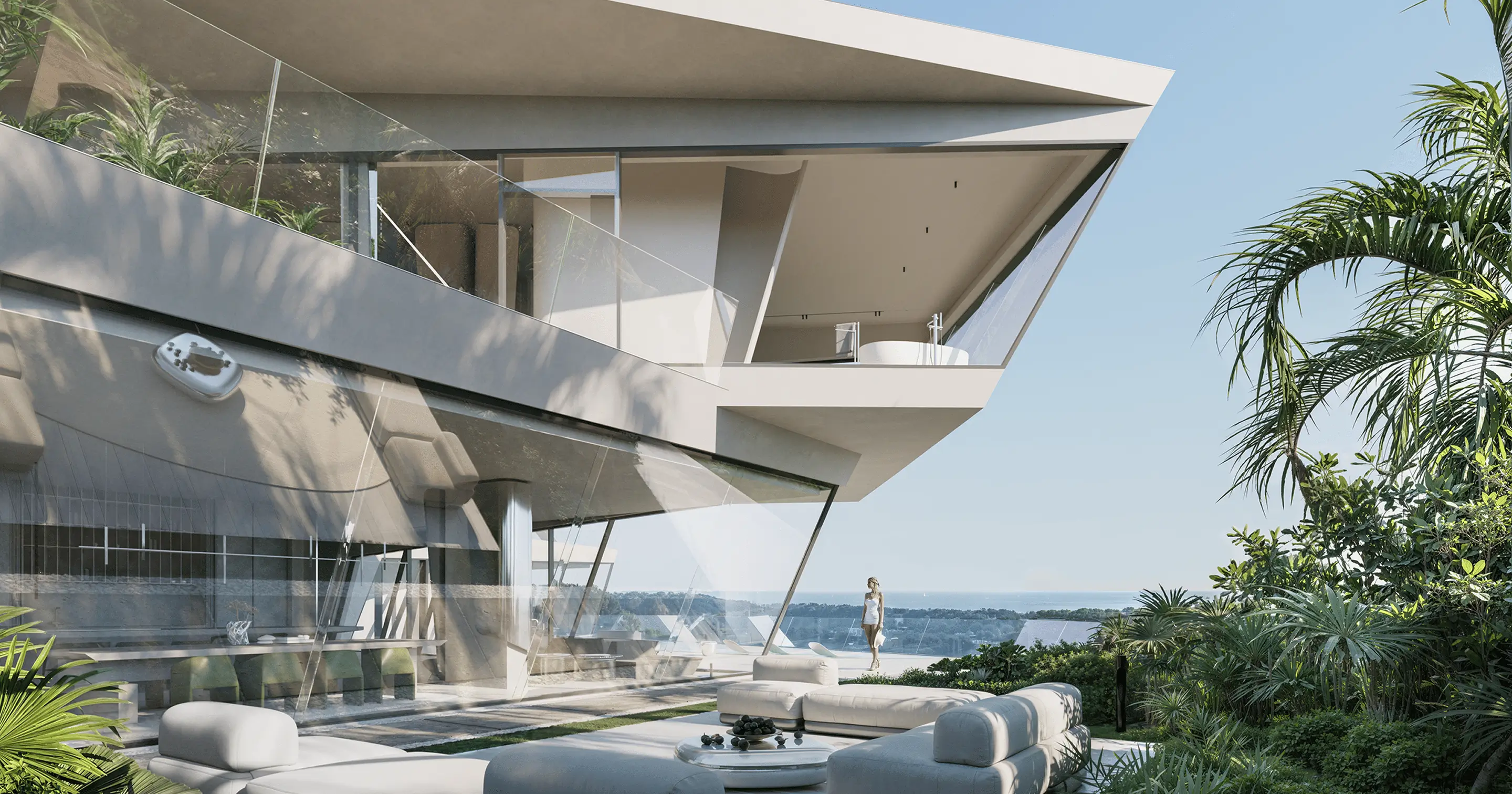 The villa’s dynamic architecture is defined by two opposing blocks that extend dramatically over the cliff’s edge, embodying both brutalist strength and the sensation that it’s poised for flight.