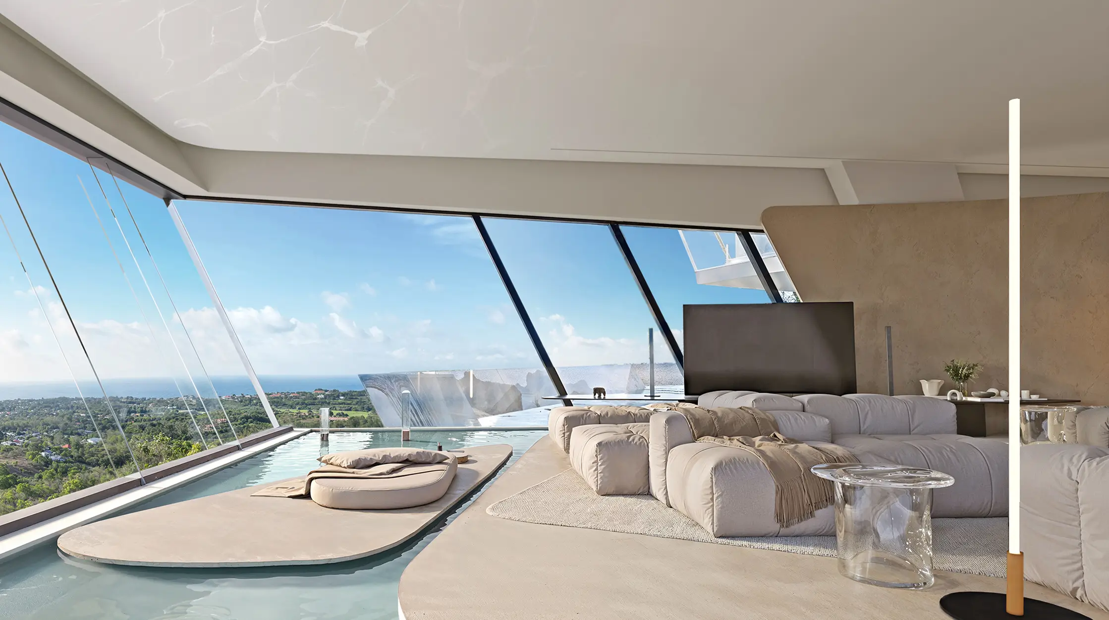 Floor-to-ceiling panoramic glass walls blur the boundaries between interior and exterior.