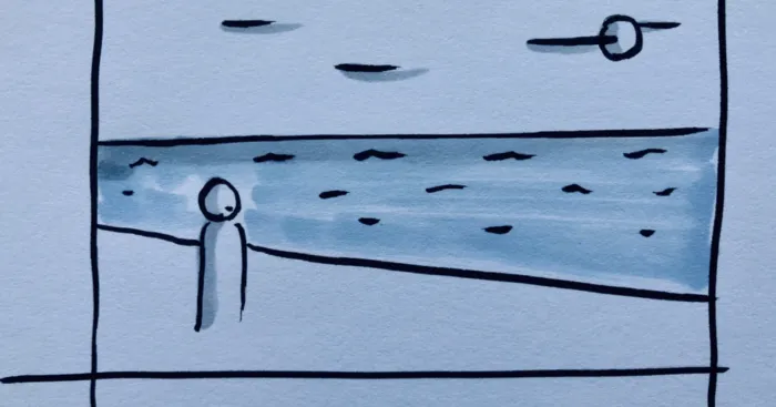 A designer staring into the vastness of their craft depicted as a sunset over a beach