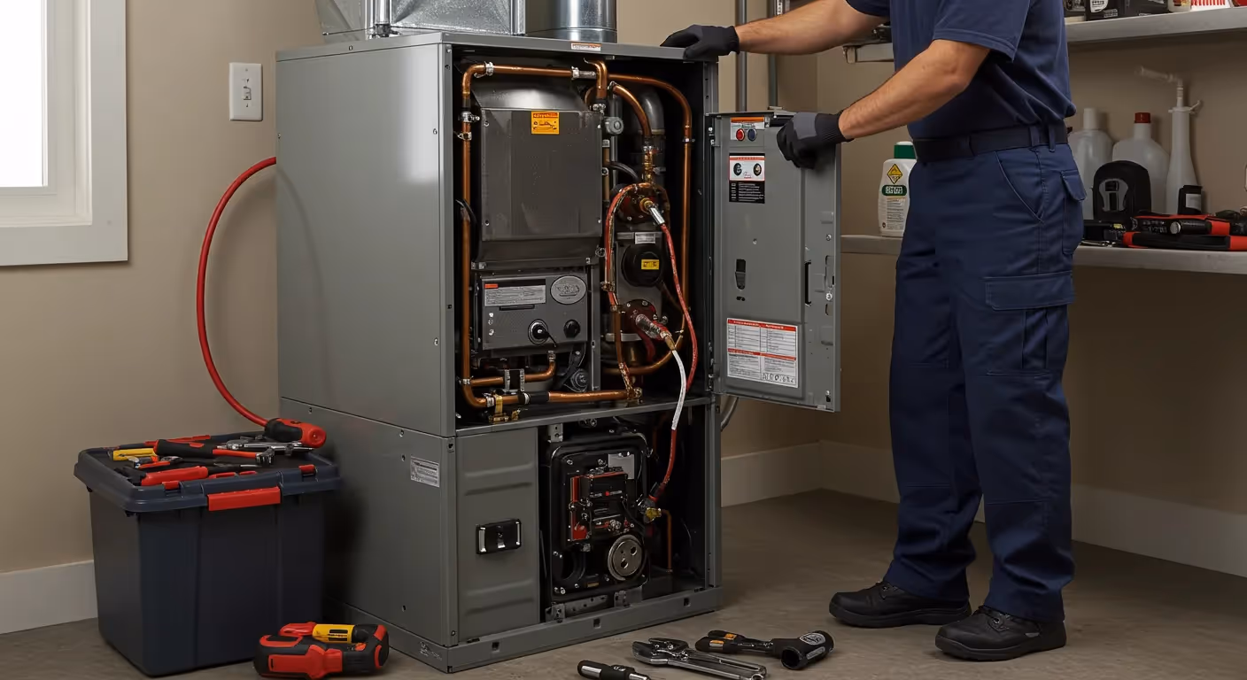 Technician in a blue uniform working on an open furnace panel, handling wiring and copper pipes, with tools nearby.