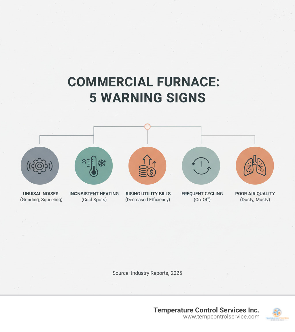 Infographic showing the top 5 warning signs that a commercial furnace needs repair: unusual noises like grinding or squealing, inconsistent heating with cold spots throughout the building, rising utility bills indicating decreased efficiency, frequent on-off cycling of the system, and poor indoor air quality with increased dust or musty odors - commercial furnace repair raleigh nc infographic Infographic showing the top 5 warning signs that a commercial furnace needs repair: unusual noises like grinding or squealing, inconsistent heating with cold spots throughout the building, rising utility bills indicating decreased efficiency, frequent on-off cycling of the system, and poor indoor air quality with increased dust or musty odors - commercial furnace repair raleigh nc infographic