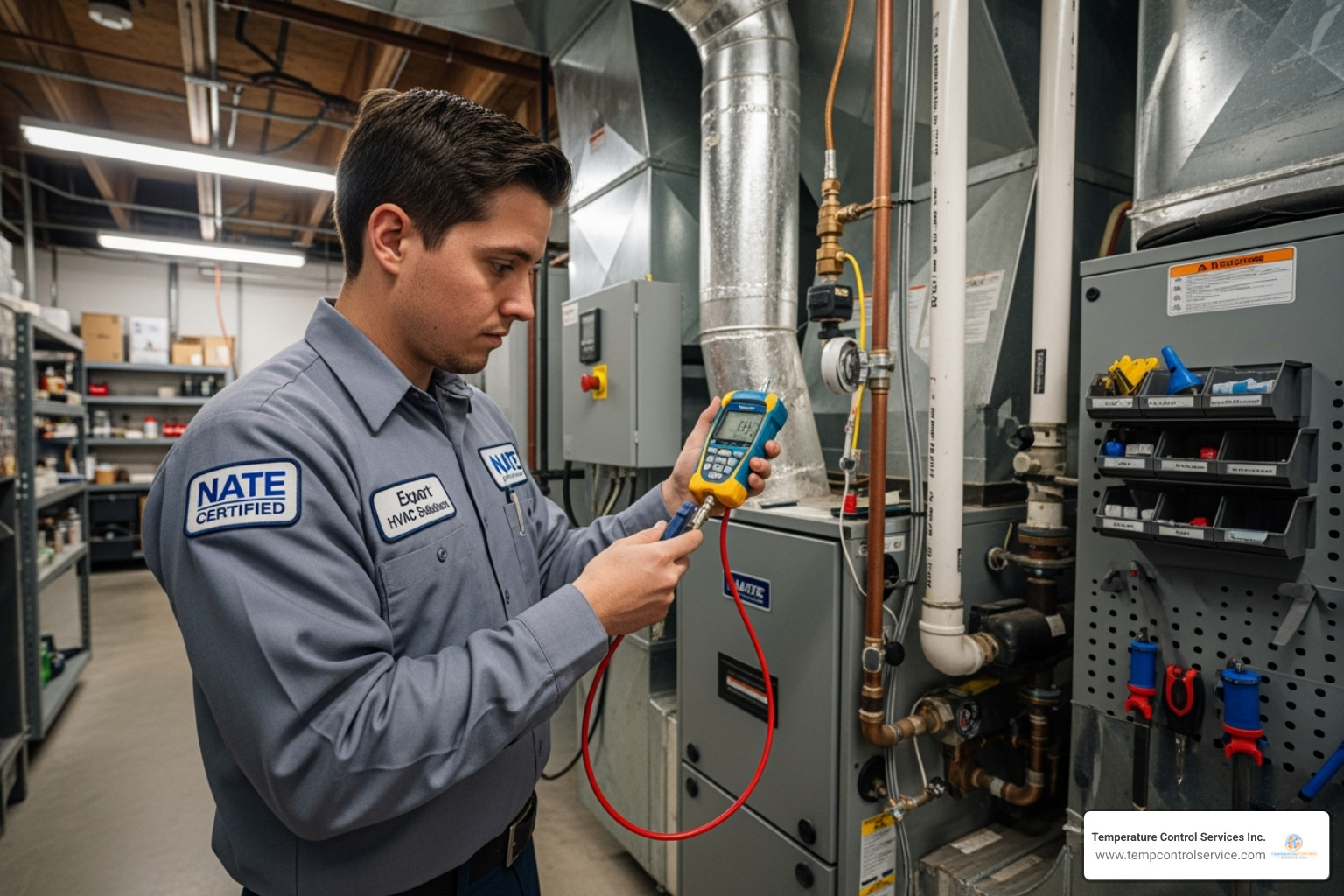 NATE-certified technician diagnosing a commercial furnace - commercial furnace repair raleigh nc NATE-certified technician diagnosing a commercial furnace - commercial furnace repair raleigh nc