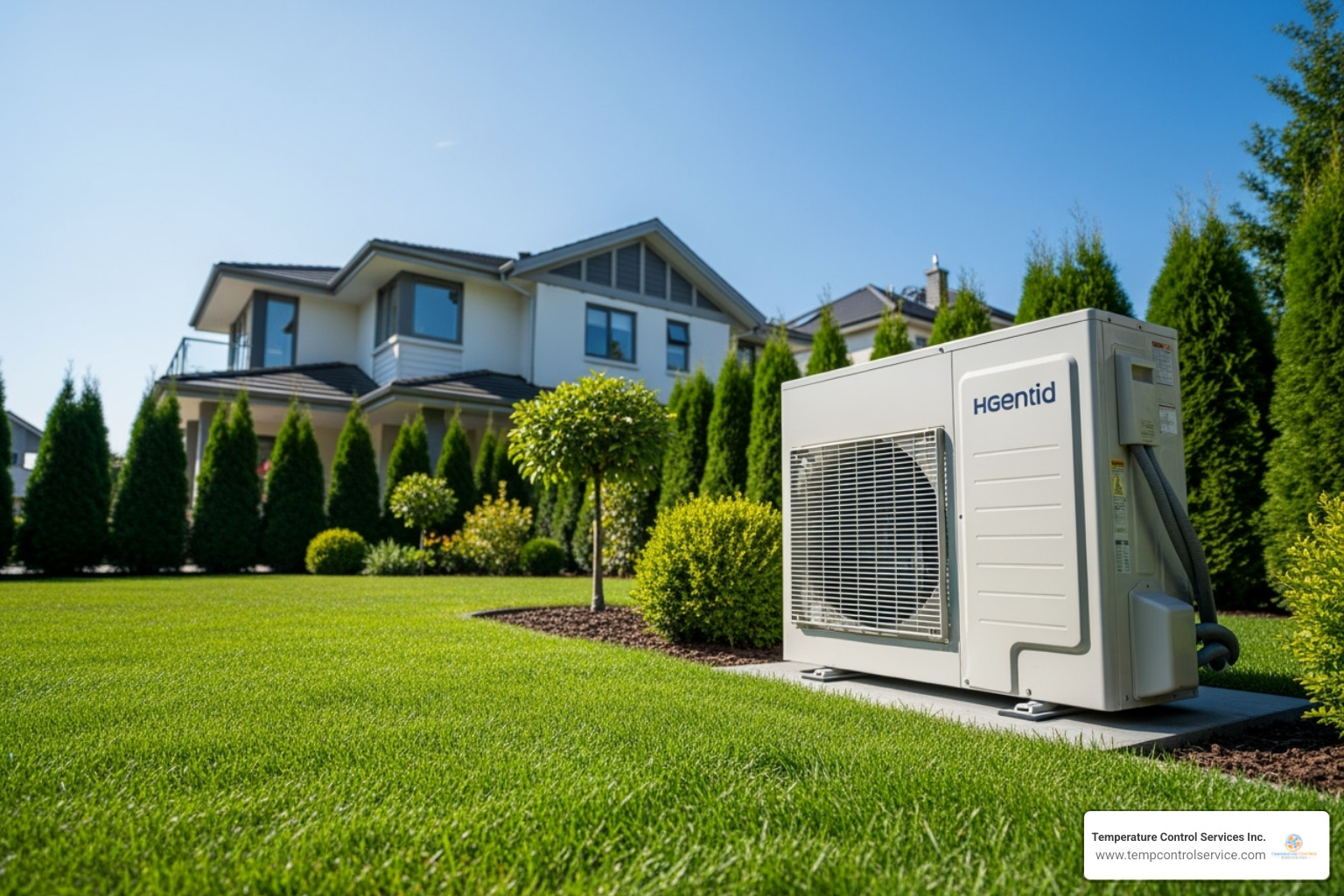 A modern, high-efficiency outdoor AC unit with a green lawn and house in the background, showcasing its sleek design and integration into a residential setting. - ac replacement apex nc
