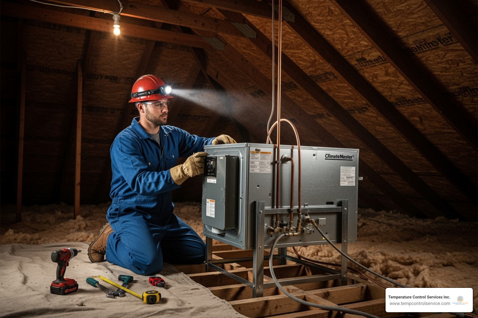 A professional HVAC technician installing an indoor air handler in a residential attic space, wearing safety gear and working diligently. - ac replacement apex nc