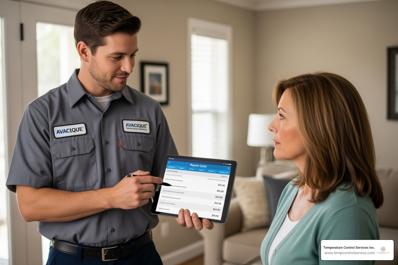 Technician showing quote on tablet - 24/7 ac repair raleigh nc Technician showing quote on tablet - 24/7 ac repair raleigh nc