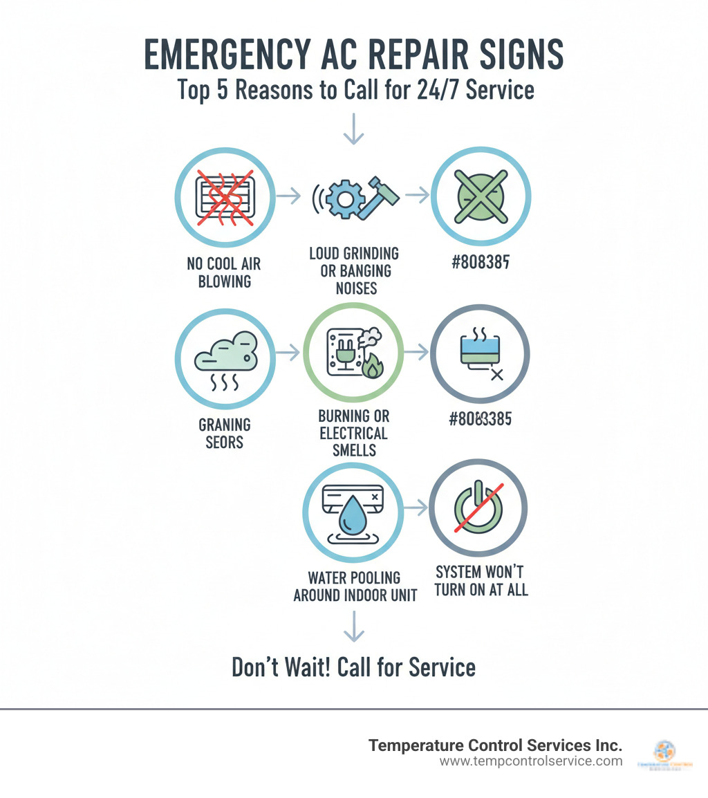 Infographic showing top 5 signs you need emergency AC repair: no cool air blowing, loud grinding or banging noises, burning or electrical smells, water pooling around indoor unit, and system won't turn on at all - 24/7 ac repair raleigh nc infographic Infographic showing top 5 signs you need emergency AC repair: no cool air blowing, loud grinding or banging noises, burning or electrical smells, water pooling around indoor unit, and system won't turn on at all - 24/7 ac repair raleigh nc infographic