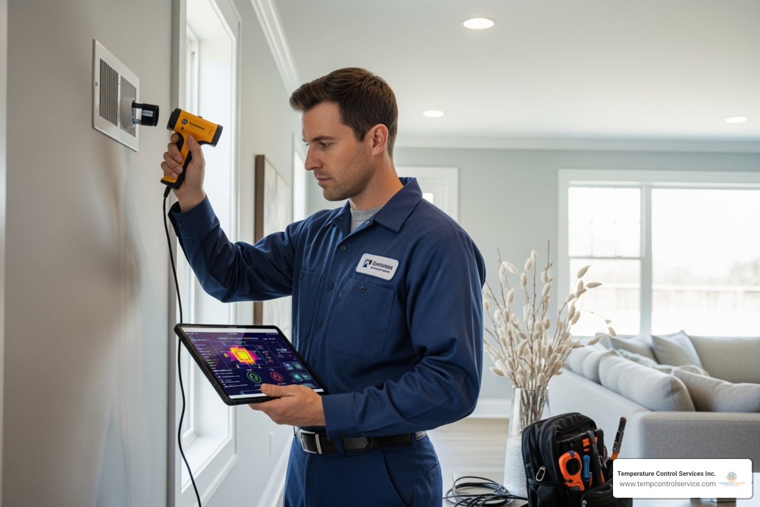 HVAC technician performing a thorough home assessment and load calculation - heat pump installation raleigh nc HVAC technician performing a thorough home assessment and load calculation - heat pump installation raleigh nc