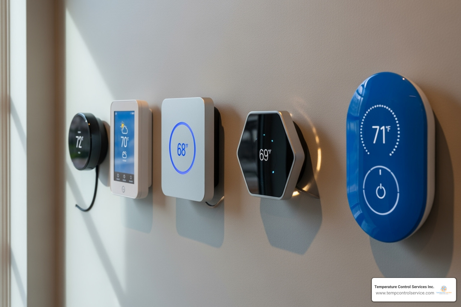 Image of different styles of modern thermostats on a display wall - programmable thermostat raleigh nc Image of different styles of modern thermostats on a display wall - programmable thermostat raleigh nc