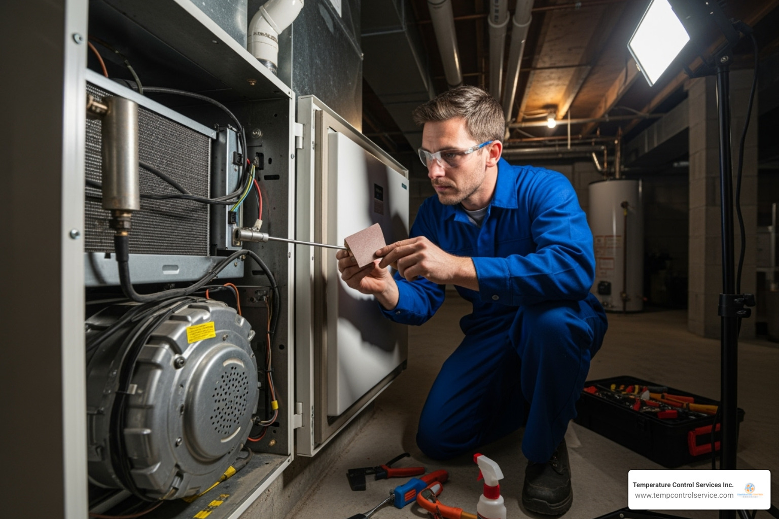 a technician cleaning an indoor furnace component - preventative hvac maintenance raleigh nc