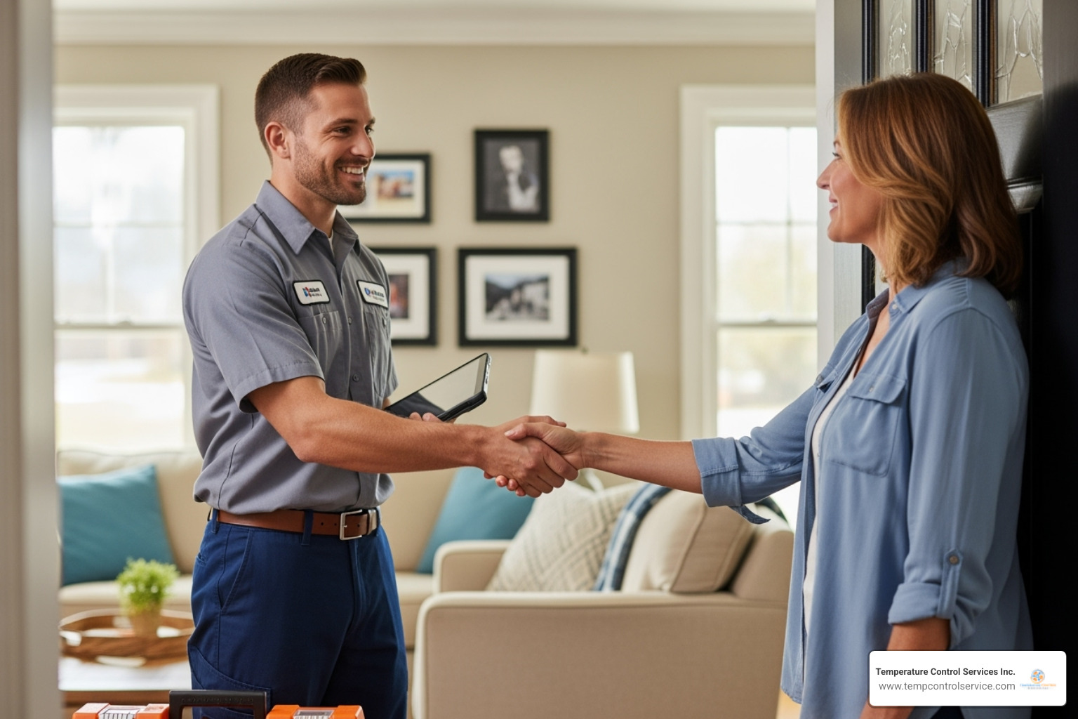 Friendly, uniformed HVAC technician shaking hands with a homeowner - hvac repair apex nc