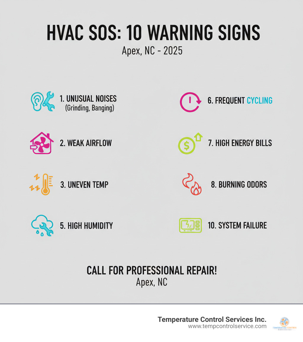 Infographic showing the top 10 warning signs that indicate your HVAC system needs professional repair, including unusual noises like grinding or banging, weak or inconsistent airflow, uneven room temperatures, water leaks around the unit, high indoor humidity levels, frequent system cycling on and off, unexpectedly high energy bills, burning odors from vents, thermostat malfunctions, and complete system failure to turn on - hvac repair apex nc infographic 