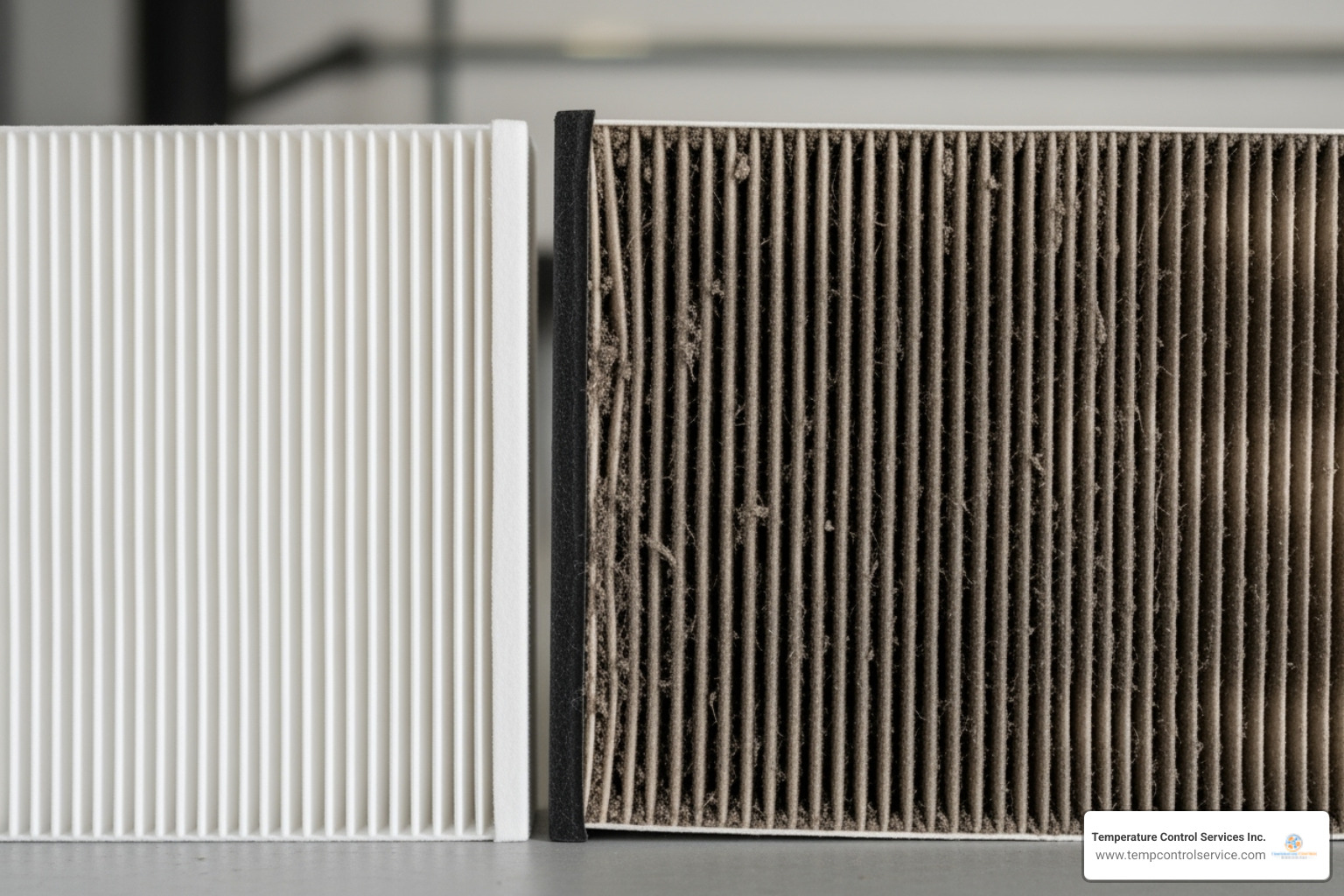 Clean air filter held next to a dirty, clogged one - hvac repair apex nc