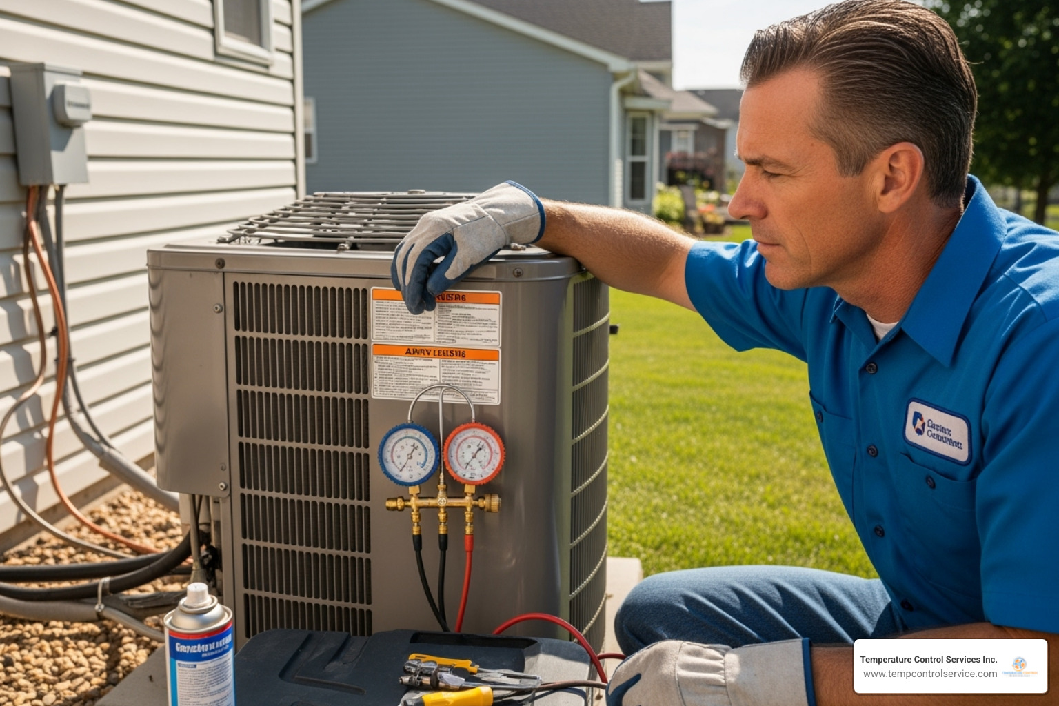 HVAC technician inspecting an outdoor condenser unit - hvac repair apex nc