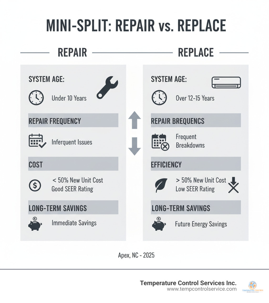 Infographic comparing mini-split repair vs. replacement criteria, including system age, frequency of repairs, cost of repair vs. new unit, energy efficiency ratings, and long-term savings potential - mini-split repair apex nc infographic 