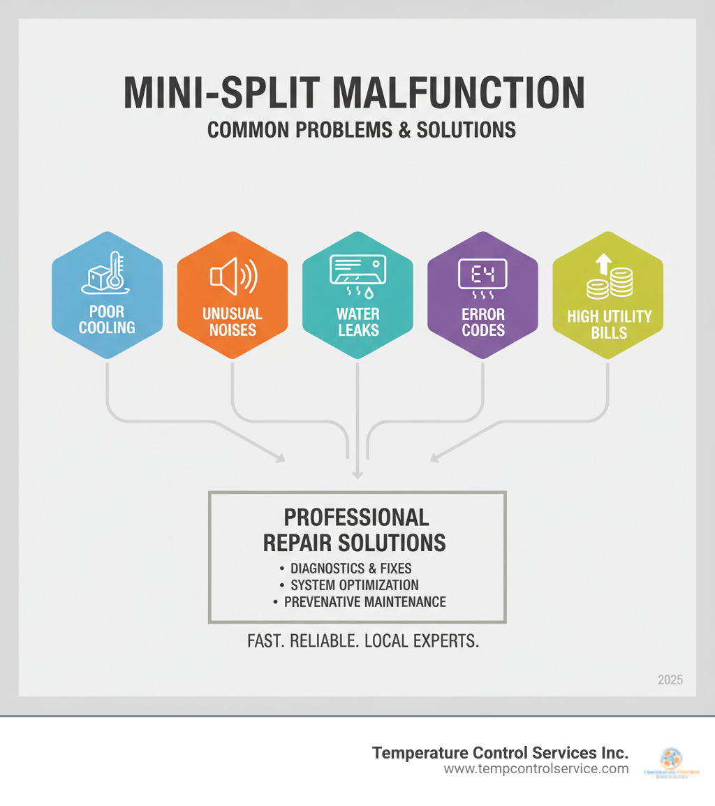 Infographic showing common mini-split problems including poor cooling performance, unusual noises like grinding or screeching, water leaks from indoor units, error codes on display panels, and high utility bills, with arrows pointing to professional repair solutions - mini-split repair apex nc infographic 