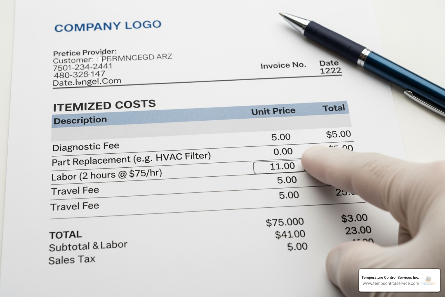 technician's invoice with itemized costs - mini-split repair apex nc