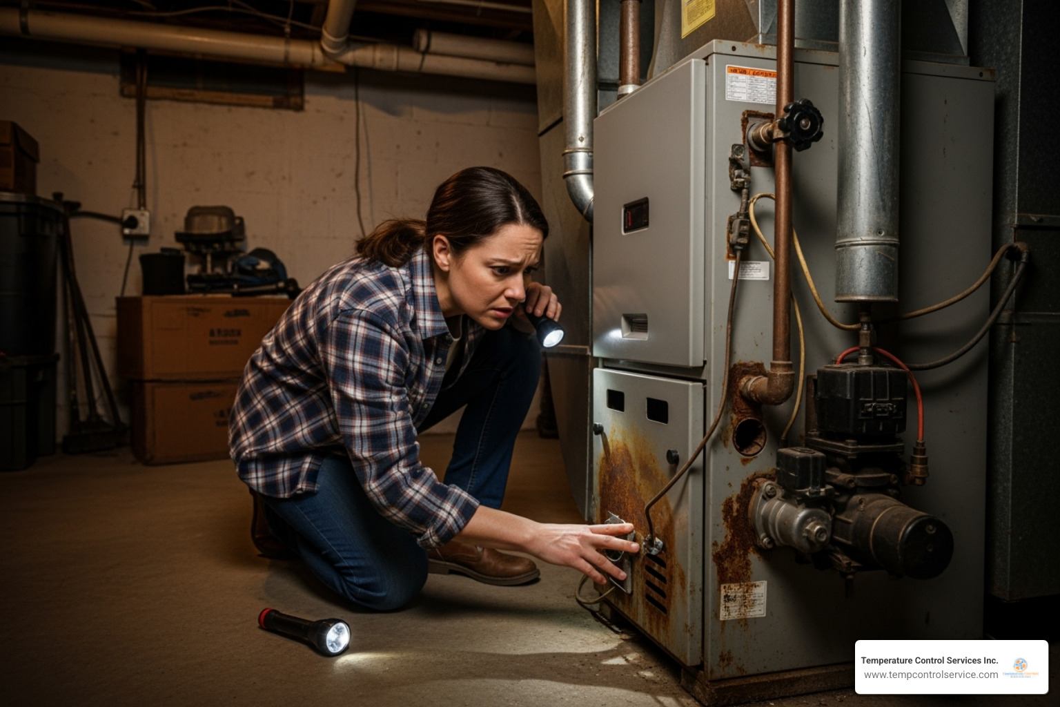 homeowner looking concerned at a noisy furnace - heating repair fuquay-varina nc homeowner looking concerned at a noisy furnace - heating repair fuquay-varina nc