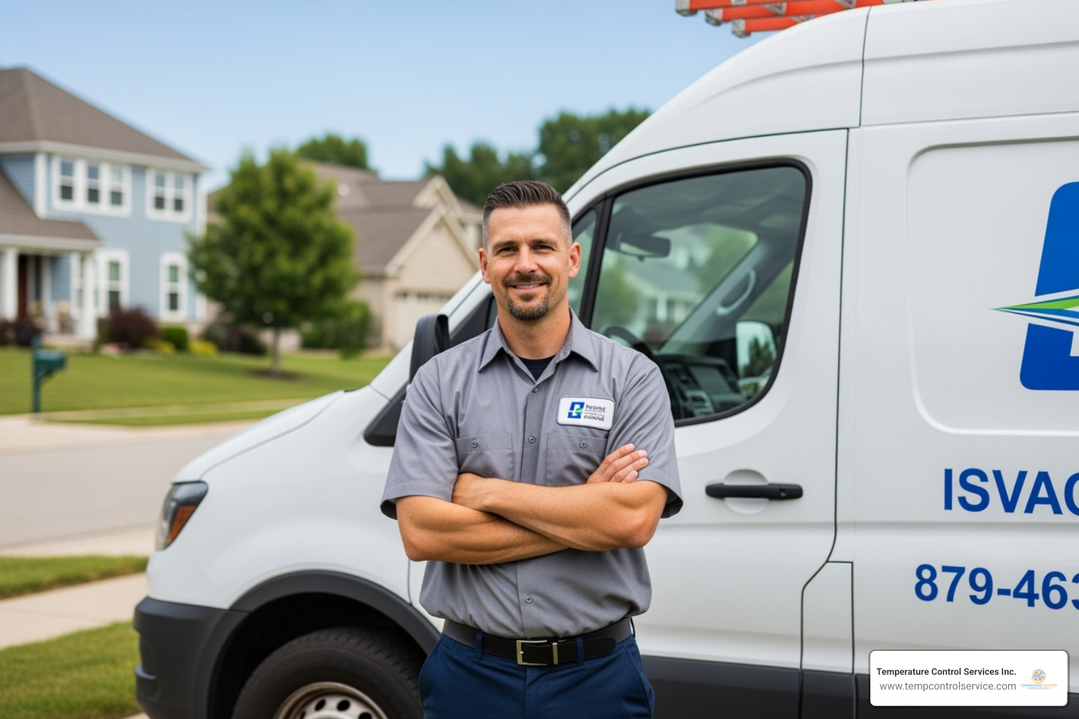 friendly, professional technician in uniform standing by a service van - heating repair fuquay-varina nc