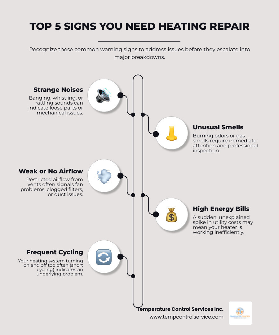 Infographic showing the top 5 signs you need heating repair: strange noises from the unit, unusual burning or gas smells, weak or no airflow from vents, sudden spikes in energy bills, and frequent on-off cycling - heating repair fuquay-varina nc infographic infographic-line-5-steps-neat_beige Infographic showing the top 5 signs you need heating repair: strange noises from the unit, unusual burning or gas smells, weak or no airflow from vents, sudden spikes in energy bills, and frequent on-off cycling - heating repair fuquay-varina nc infographic infographic-line-5-steps-neat_beige