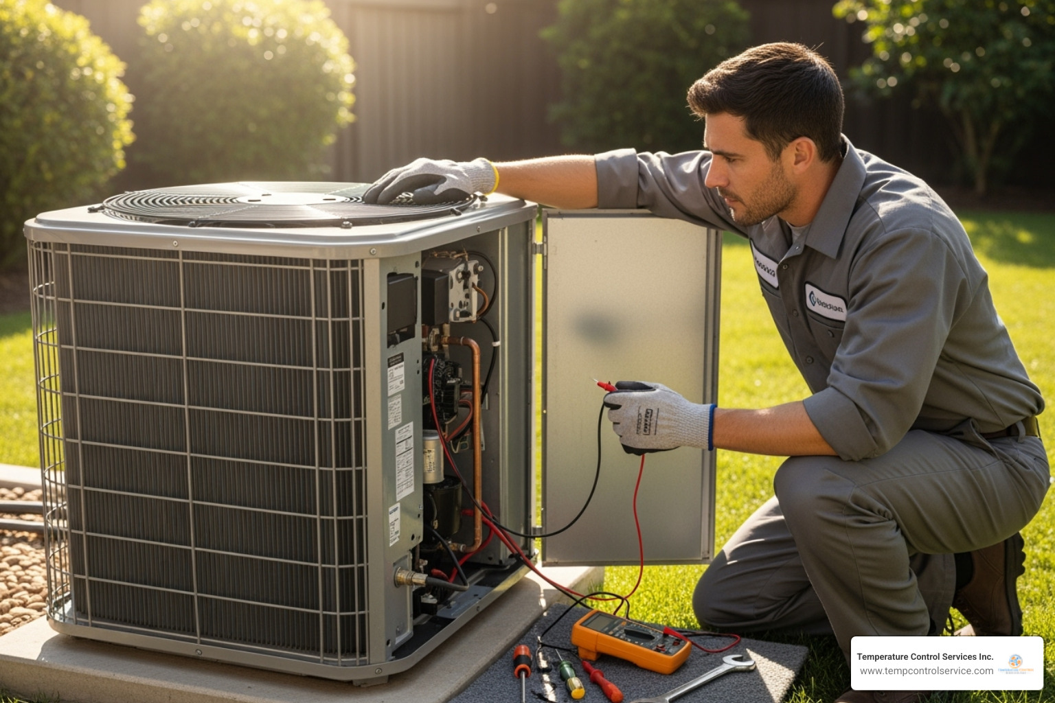 A certified technician diagnosing an outdoor AC unit - air conditioning repair carrboro nc