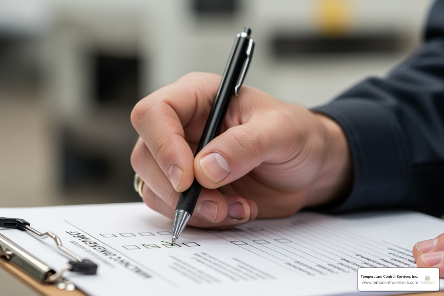 A close-up of a technician's hand holding a pen, checking off items on a maintenance checklist on a clipboard - air conditioning maintenance apex nc