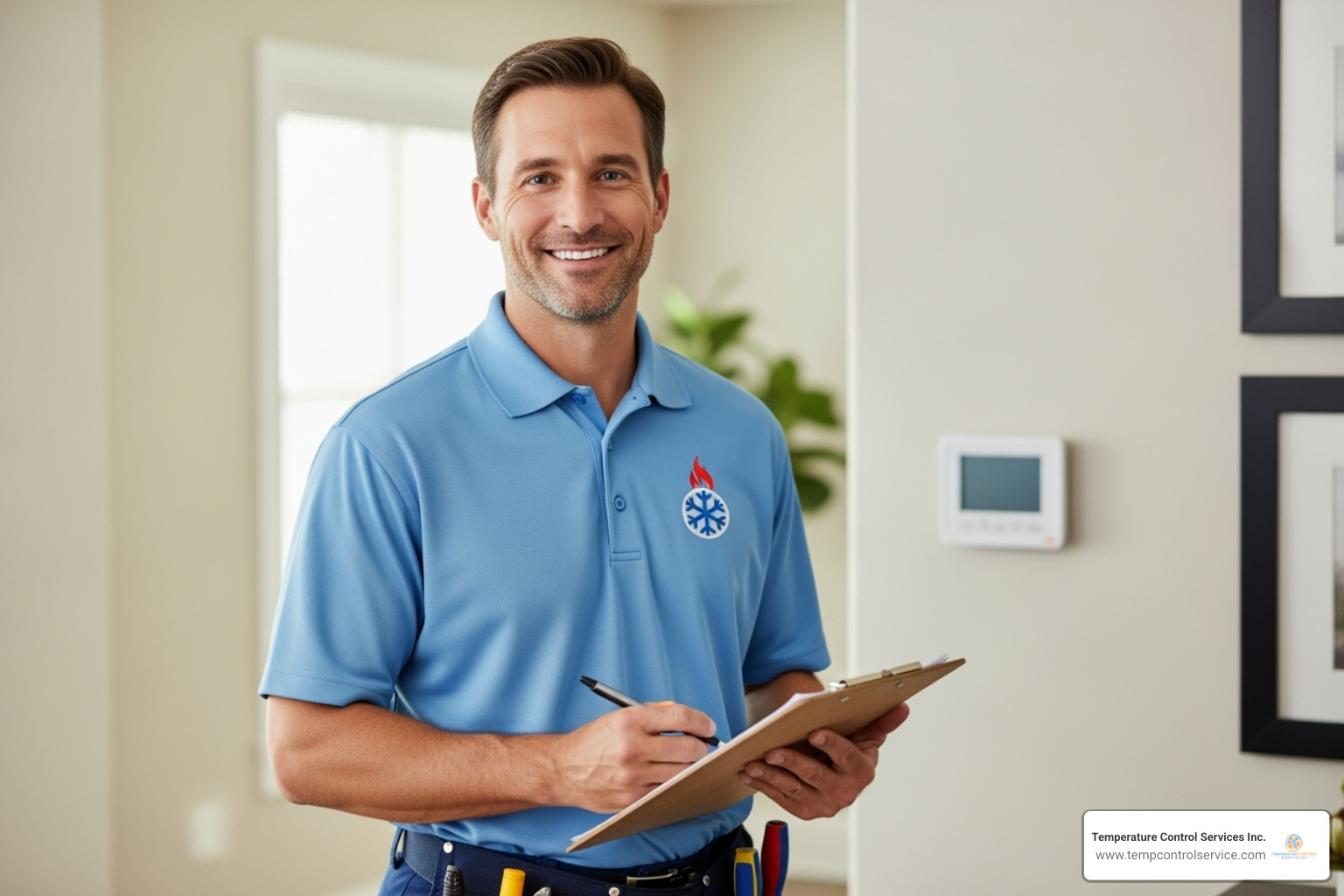 A friendly, uniformed HVAC technician smiling while holding a clipboard, ready to assist - air conditioning maintenance apex nc
