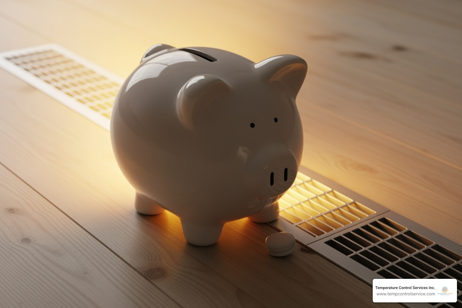 of a piggy bank next to a heating vent, symbolizing savings - furnace maintenance apex nc