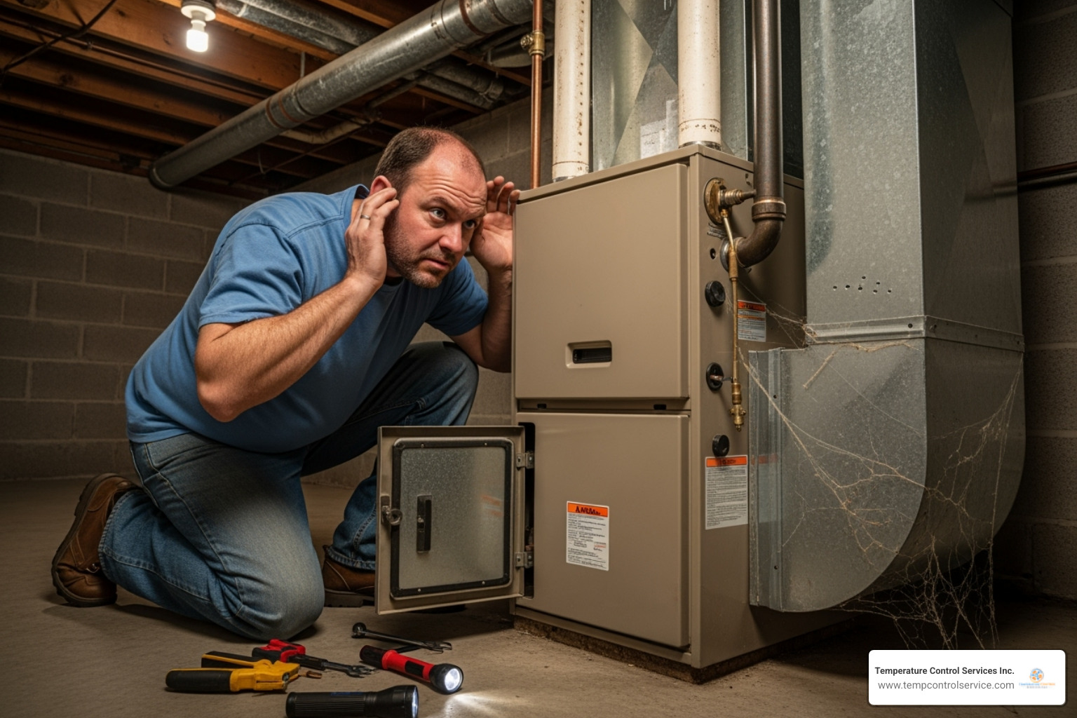 of a homeowner listening to a strange noise coming from their furnace - furnace maintenance apex nc