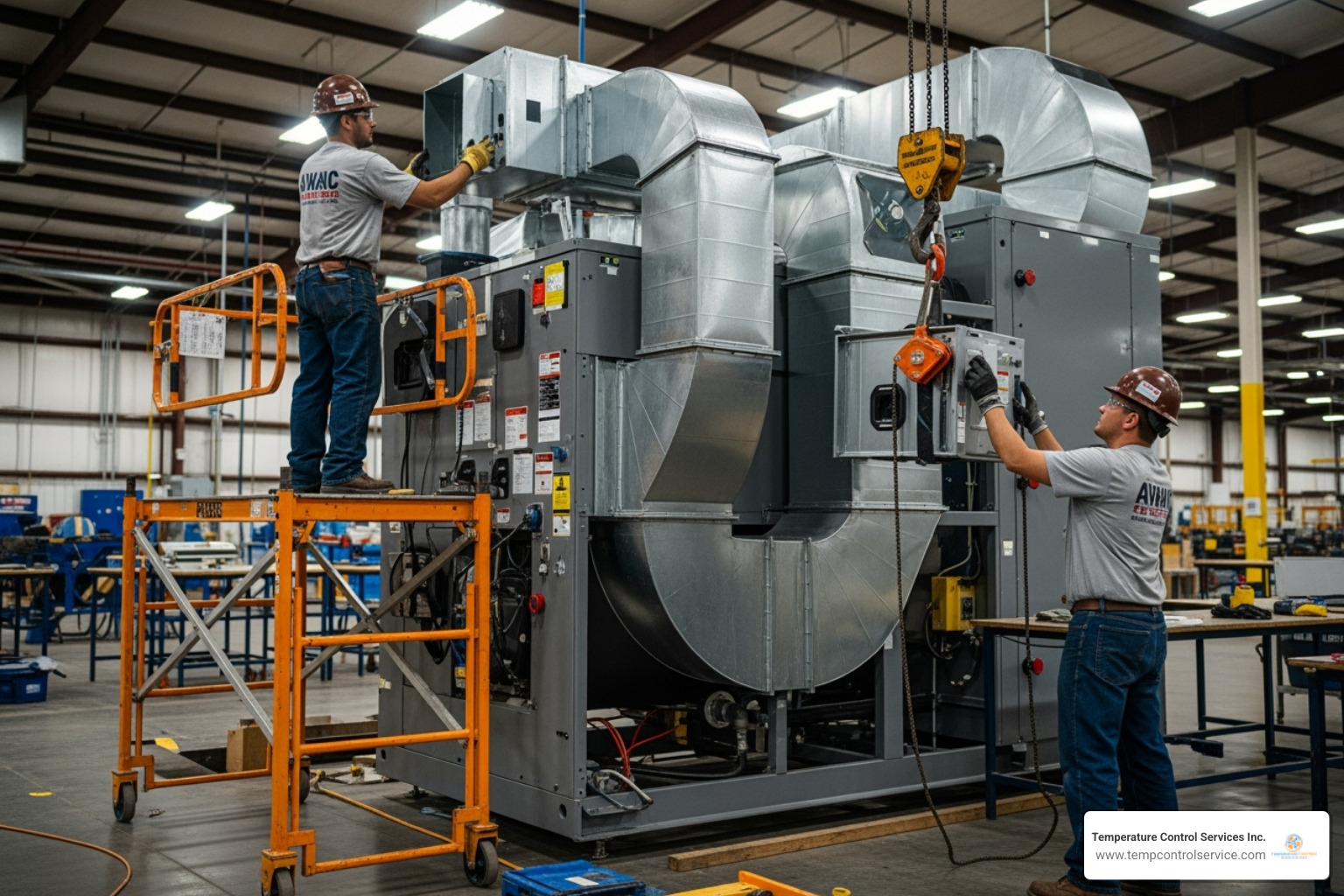 HVAC technicians installing commercial heating unit - commercial heating installation carrboro nc